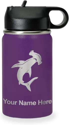 Miniatura 36 de LaserGram Botella de agua personalizada, tiburón martillo, acero inoxidable de doble pared aislada al vacío con popote superior, regalo grabado