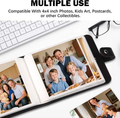 Miniatura 3 de Paquete de 2 álbumes de fotos pequeños de 4 x 4 con tapa de cuero para 64 fotos, libro de álbum de 4 x 4, página interior negra, obras de arte
