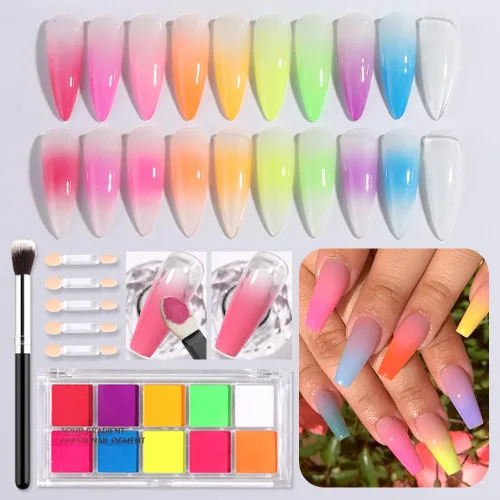 Juego de polvos de uñas de fósforo neón, 10 colores, gradiente de purpurina fluorescente, polvo iridiscente, pincel degradado para arte de uñas