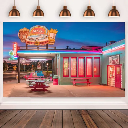 Miniatura 4 de Telón de fondo retro para restaurante de 10 x 7 pies, ruta 66, tienda de conveniencia, luces de neón de calle, fondo nostálgico, de los años 50