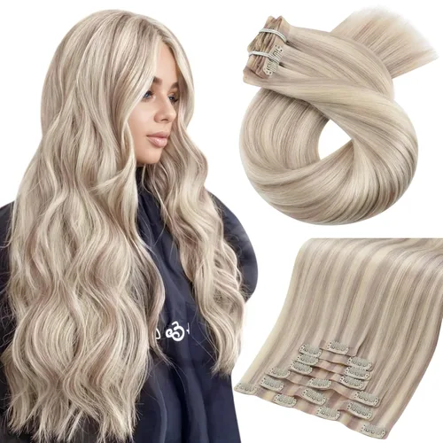Miniatura 19 de Moresoo - Extensiones de cabello humano con pinzas, sin costuras, con trama, de poliuretano, invisible, cabello humano real, color rubio platino, 7