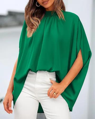 Miniatura 91 de BTFBM Blusas de verano para mujer, cuello alto falso, manga murciélago, holgadas, dobladillo alto y bajo, blusas informales de gran