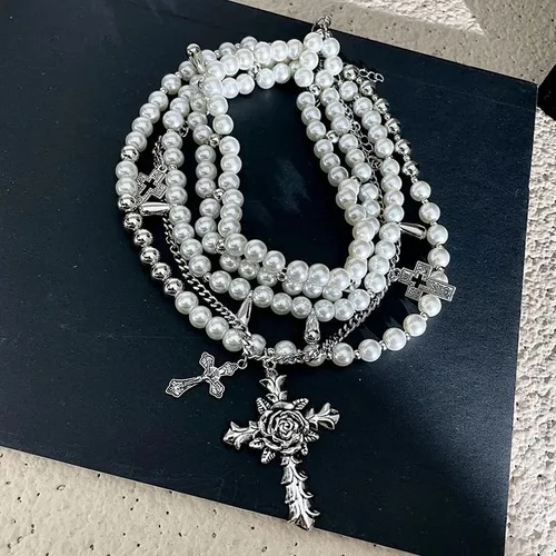 Miniatura 2 de Collar de perlas en capas con cruz gótica, collar apilado de perlas para mujer