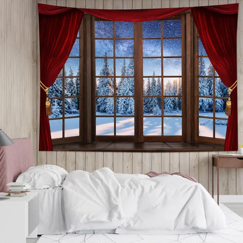 Miniatura 3 de WEENEO Tapiz de bosque de invierno, ventana, exterior, pino, Navidad, escena de nieve, tapiz de naturaleza, plantas, montaña bajo azul estrellado