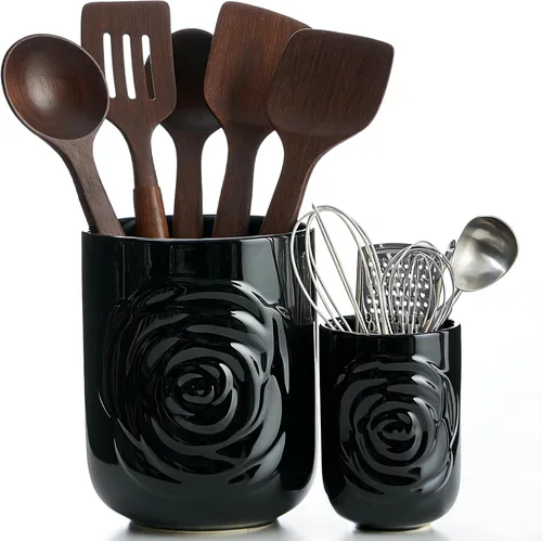 Juego de 2 Portautensilios Grandes, 7.5" + 5.5" - Recipiente de Cerámica con Diseño de Rosas para Utensilios de Cocina de Encimera para Espátulas,