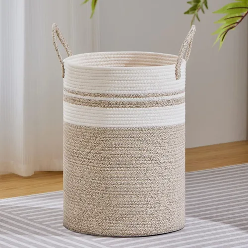 VIPOSCO Cesta de lavandería grande, cesta de almacenamiento de cuerda tejida alta para mantas, juguetes, ropa sucia en la sala de estar, baño,