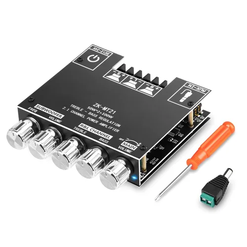 Miniatura 12 de Daakro ZK-1002T Placa amplificadora Bluetooth, placa amplificadora de 100W+100W de 2.0 canales con control de agudos/graves, DC 12-24V, entradas