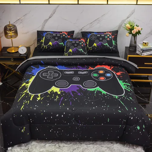 Miniatura 2 de Juego de edredón de 6 piezas para niños y adolescentes, niños y niñas, cama temática de videojuegos con grafitis de colores en una bolsa