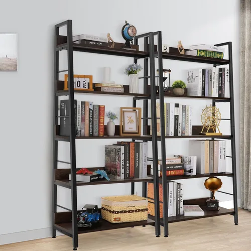 Miniatura 5 de Himimi Estantería de escalera industrial, estantería rústica de 5 niveles, estantería de escalera de metal de madera, soporte de flores para Nogal