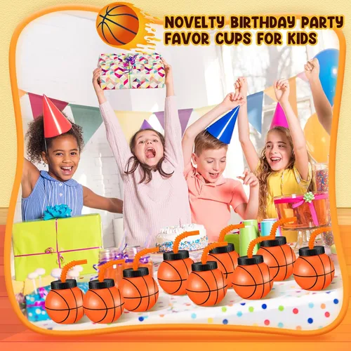 Miniatura 7 de Nuanchu 12 juegos de tazas de baloncesto de 14 onzas con pajitas y tapas, regalos de fiesta de baloncesto de plástico a granel reutilizables