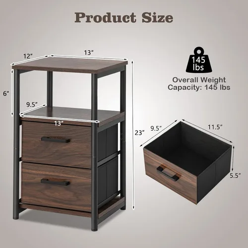 Miniatura 3 de COSTWAY Juego de 2 mesitas de noche, mesa auxiliar de 3 niveles con 2 cajones de tela y estante abierto, mesa auxiliar industrial para dormitorio