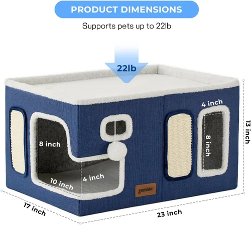Miniatura 5 de ZOMISIA Casa Extra-Ancha para Gatos de Interior – Casa Grande para Gatos para Mascotas con Pompón Colgante y Almohadilla Rascadora, Refugio Plegable