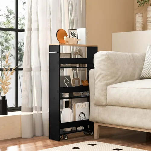 Miniatura 2 de LOKO Carrito de almacenamiento delgado, carrito rodante de 4 niveles con asa y parte superior de madera para cocina, baño, lavandería, sala de negro