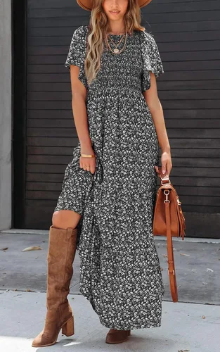 Miniatura 2 de PRETTYGARDEN - Vestido largo casual de verano para mujer, manga corta acampanada, bohemio, floral, cuello redondo, vestido blusón, escalonado
