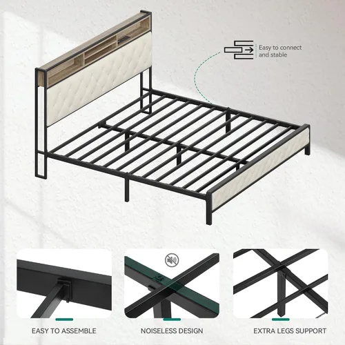 Miniatura 8 de YITAHOME Base de cama de plataforma tamaño Queen con cabecera de 45.2 pulgadas de alto, cabecera de almacenamiento tapizada con estación de carga