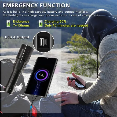 Miniatura 4 de Linternas LED Recargables de Alto Lúmenes, Linterna de 10000mAh de Alta Potencia Impermeable Más Brillante Linterna Zoomable con Foco