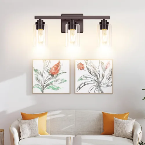 Miniatura 9 de Lámparas de baño de 3 luces, 19 pulgadas, modernas luces de tocador sobre espejo con pantallas de vidrio transparente, accesorio de luz marrón