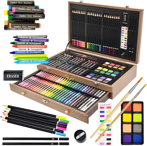 Sunnyglade Juego de Arte Deluxe de 145 Piezas, Caja de Arte de Madera y Kit de Dibujo con Crayones, Pasteles al Óleo, Lápices de Colores, Pastillas