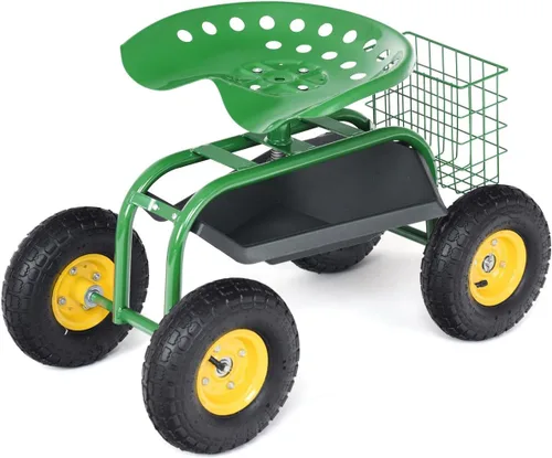 Giantex Asiento de trabajo de jardín rodante, asiento de trabajo de jardinería giratorio 360 con ruedas, cesta de herramientas, altura ajustable,
