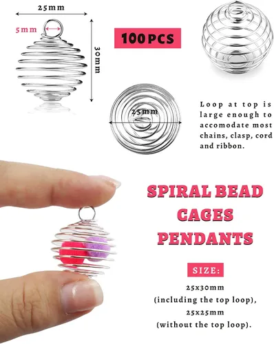 Miniatura 2 de JIALEEY Colgantes de jaulas de cuentas en espiral, 100 unidades de 0.98 x 1.18 pulgadas (0.984 x 1.181 in) chapadas en plata para collar y jaulas