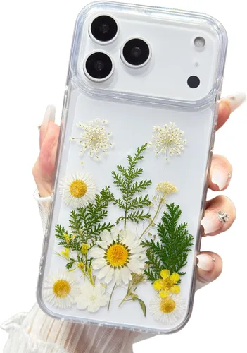 Miniatura 14 de Funda floral para iPhone 17 con flores reales prensadas, bonito diseño de flores secas prensadas transparentes con purpurina para mujer, suave TPU