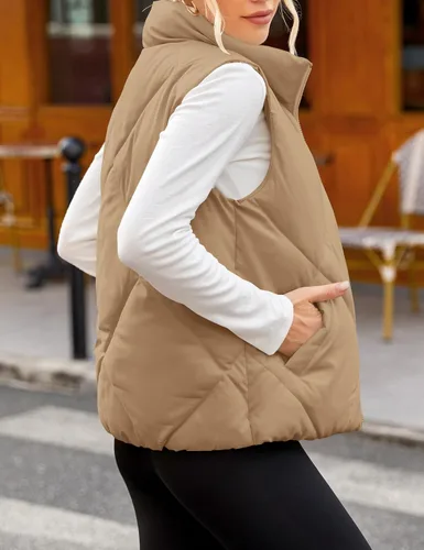 Miniatura 7 de MEROKEETY Chaleco acolchado sin mangas con cremallera para mujer, con cuello alto, con bolsillos