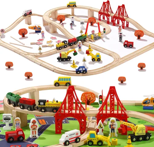 Juego de 100 pistas de tren de madera, tren de juguete con pistas para niños de 3 a 10 años, compatible con las principales marcas, juego de