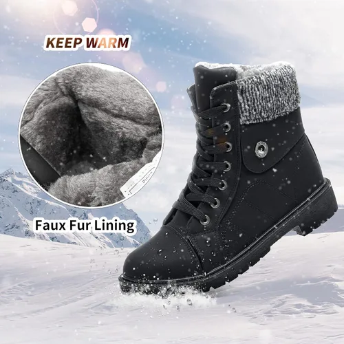 Miniatura 2 de Botas de combate de piel sintética para mujer, con forro de piel cálida, botines negros con cremallera lateral, botas de invierno antideslizantes