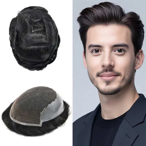 Miniatura 73 de Mens Toupee Human Hair Replacement System Swiss Lace Toupee For Men Hair Piece Protesis Capilar Mens Hairpiece 5X7#1 Jet Black 120% Density