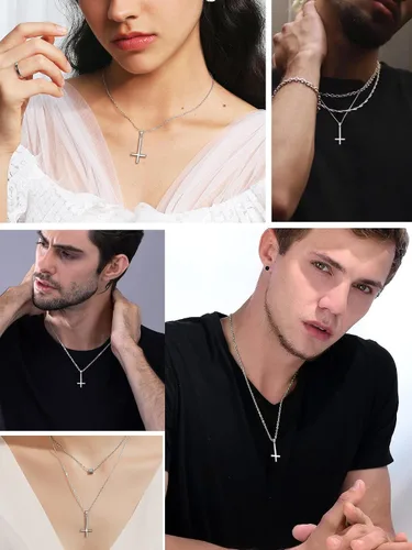 Miniatura 103 de PROSTEEL Satanic Jewelry Upside Down Cross Necklace for Men Women, 316L Stainless Steel/925 Sterling Silver Inverted Cross/Leviathan Cross Pendant