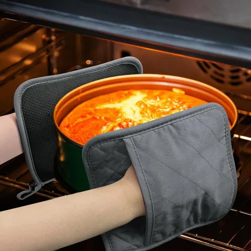 Miniatura 8 de Juego de 2 soportes para ollas grises para cocina, resistentes al calor, almohadillas calientes con bolsillos, antideslizantes, agarre suave