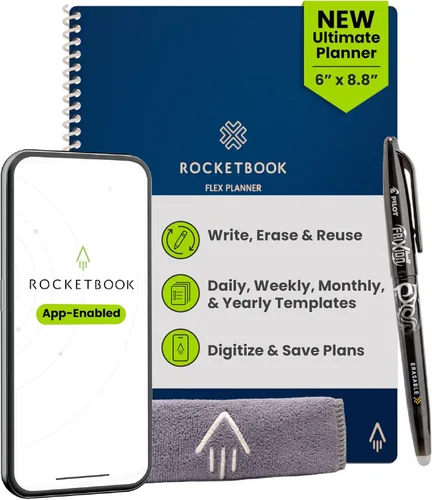 Miniatura 28 de Rocketbook Fusion Hybrid - Planificador y cuaderno reutilizables en uno, páginas en blanco adicionales, rastreador de metas y proyectos, Azul marino
