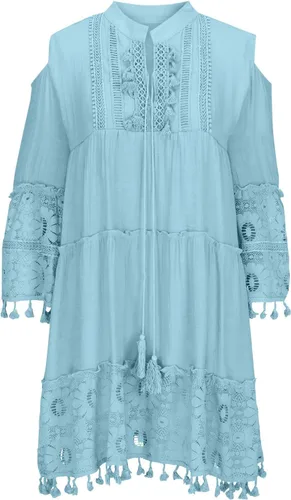 Miniatura 5 de Vestidos de manga 34 para mujer, vestido de encaje con hombros descubiertos, vestido casual con cuello en V, vestidos de retazos de talla grande