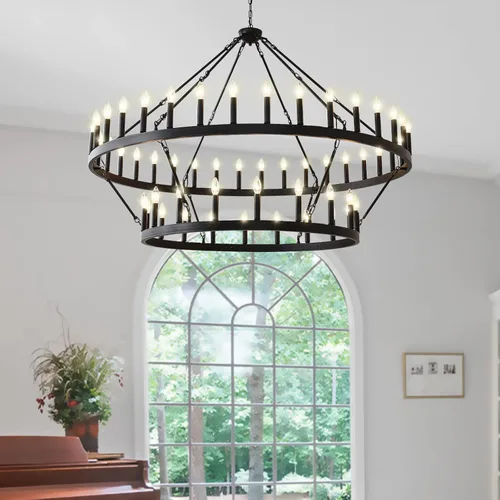 Miniatura 5 de Candelabro de dos niveles en negro, rueda de vagón grande, 54 luces, lámpara colgante de granja redonda de 152 cm, iluminación rústica para comedor