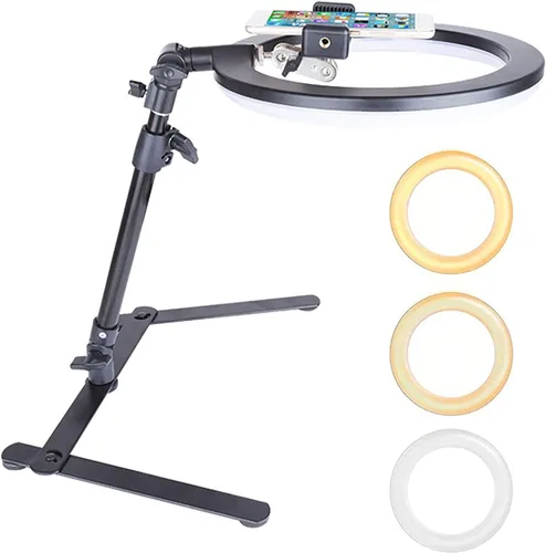 Soporte de teléfono de disparo de ángulo alto 2 en 1 con anillo LED regulable de 10 pulgadas para grabación de cocinero, dibujo de caligrafía,