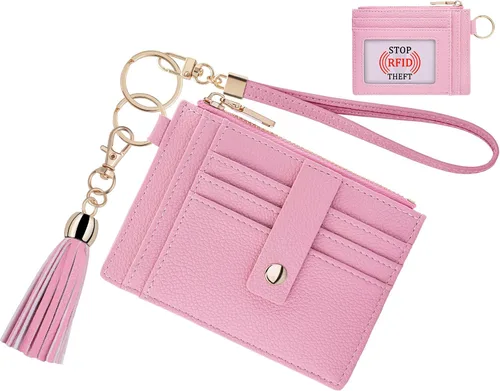 Miniatura 14 de Estuche Delgado para Tarjetas RFID para Mujer con Correa de Muñeca, Cartera con Cremallera para ID, Cartera de Cuero Pequeña, Monedero con Llavero