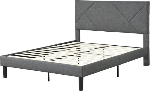 Miniatura 4 de Base de cama de plataforma de tamaño matrimonial con cabecera tapizada de tela y soporte de listones de madera, base de colchón totalmente tapizada