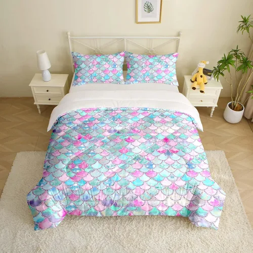 Miniatura 8 de MUSOLEI Juego de edredón de sirena para niñas, colcha de sirena con escamas arcoíris 3D, juego de ropa de cama twin duradero para niñas, juego
