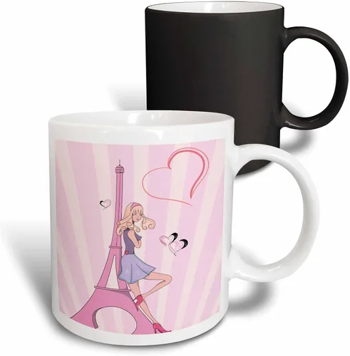Miniatura 13 de 3dRose Girly Pink Girl Eiffel Tower and Hearts Paris Love Vector Illustration Taza de dos tonos, 11 onzas, negro/blanco