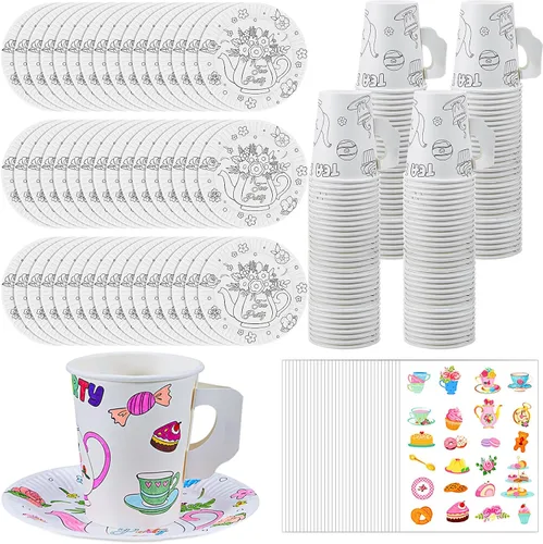Lenwen Juego de 24 tazas de fiesta de té para colorear tu propia fiesta de té con asa, tazas y platos de papel para golosinas de 8 onzas para
