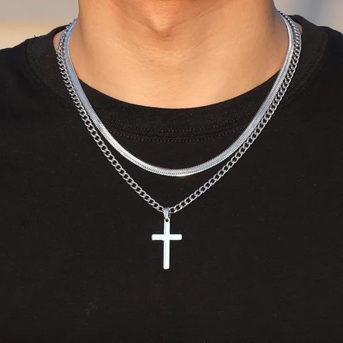 Miniatura 2 de Zocomi Collar de cruz para hombres y niños, acero inoxidable en capas de eslabones cubanos con cadena de espiga colgante de cruz cristiana, joyería