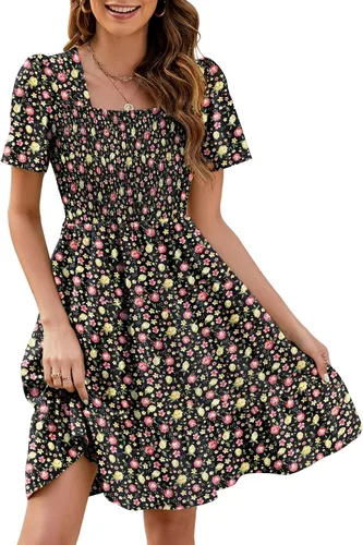 Qirno Vestido corto de gasa para mujer, casual, cuello cuadrado, con vuelo, manga corta, fruncido, escalonado, acampanado, de gasa, S-XL