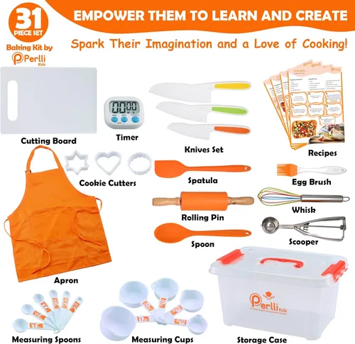 Miniatura 2 de PERLLI Juego de cocina real para niños para cocinar y hornear, 31 piezas. Regalo para chef junior con utensilios reales, estuche y juego de Naranja