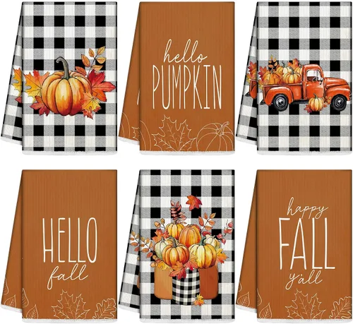 Miniatura 10 de Mixweer 6 toallas de cocina de Acción de Gracias, toalla de mano de calabaza blanca y negra de 16 x 24 pulgadas, diseño de búfalo de otoño a cuadros