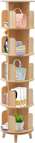 Estantería giratoria de 360°, estante apilable de madera maciza de 5 niveles, estante de almacenamiento de pie para sala de estar, estudio y oficina