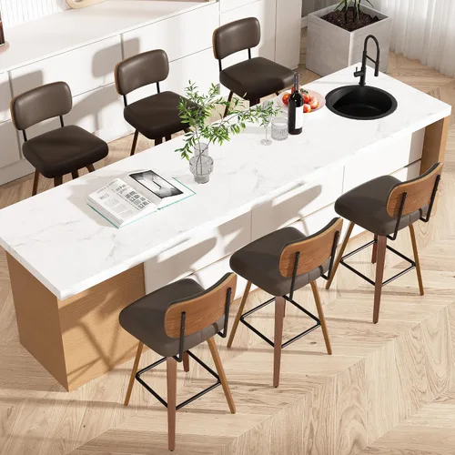 Miniatura 30 de Juego de 1 taburete de bar giratorio, taburetes de bar tapizados de 26" de altura para encimera con respaldo de nogal y patas de madera curvada