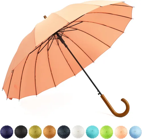 Miniatura 52 de SoulRain Paraguas de palo de 16 varillas de 48 pulgadas, apertura automática, color sólido, moderno y simple, mango de madera clásico de arco