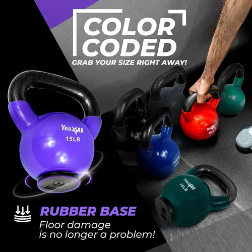 Miniatura 5 de Yes4All Juego de pesas rusas con base de goma, pesas rusas para mujer, pesas rusas de entrenamiento de fuerza (10-65 libras)