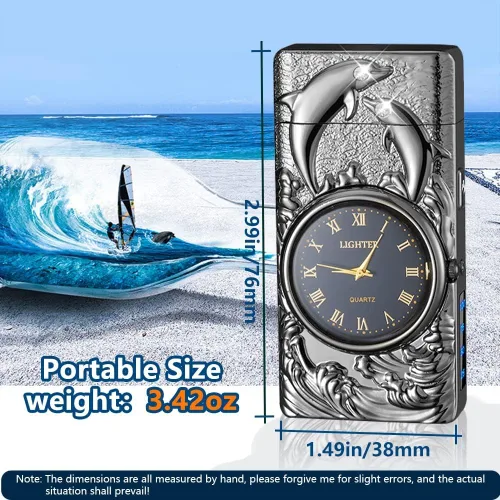 Miniatura 4 de GADATOP Encendedor eléctrico recargable a prueba de viento, encendedor de plasma con alivio de delfines 3D, reloj integrado con luz LED para uso