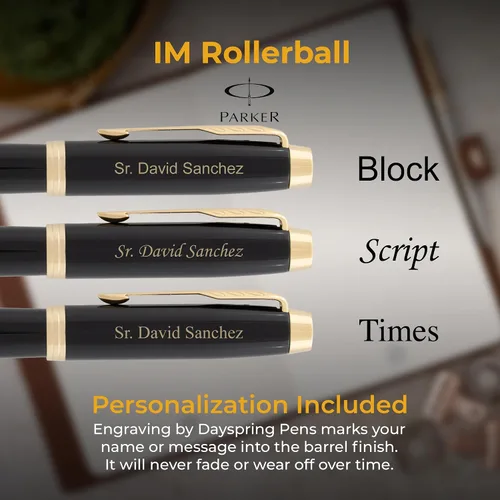 Miniatura 3 de Parker IM - Bolígrafo roller con tapa grabada, laca negra con borde dorado, regalo personalizado para ejecutivos, graduación, jubilación, avance
